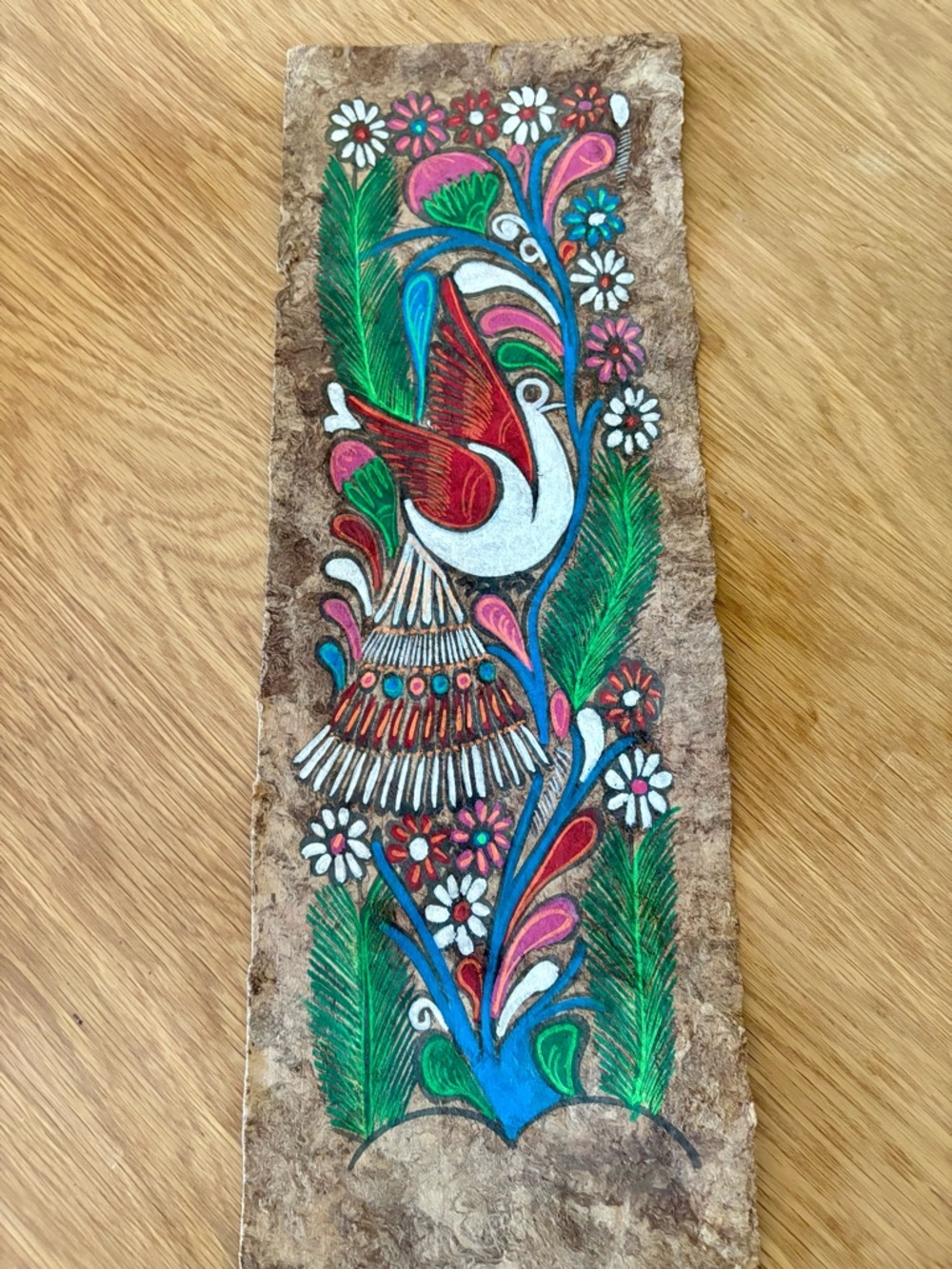 Hand-Painted Mexican Folk Bird Panel on Bark in Red, Green, Blue, White